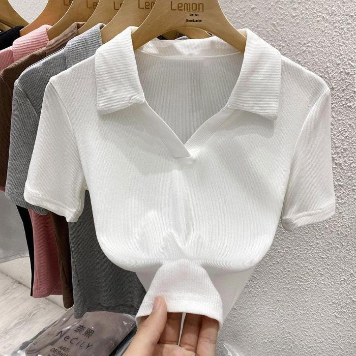 

Женская хлопковая рубашка-поло 2024 года с V-образным вырезом и длинными рукавами в стиле ретро M белый