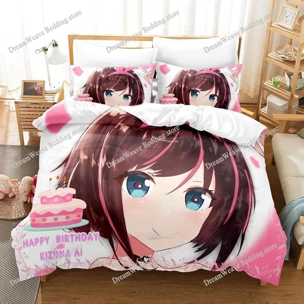 Kawaii Girls Kizuna AI Cartoon Poster Sheets Quilt Covers Bedding Dormitory Sheets Bedding Set Soft Warm Bedding Set Luxury Gift