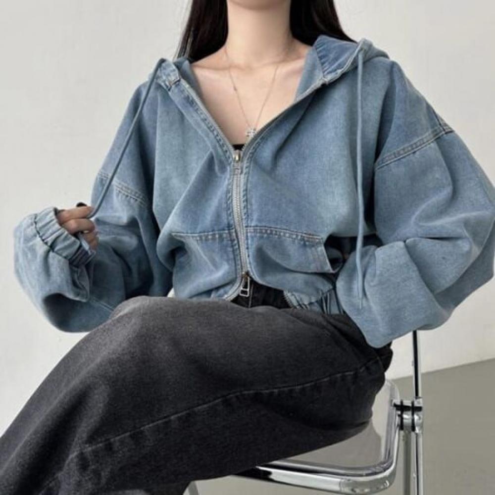 Navava Unisex Vintage Crop Denim Long Sleeve Hoodie Jacket Nc335
