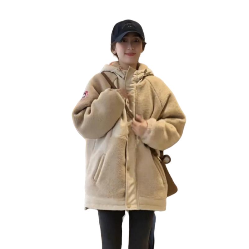 Women's European-Style Hooded Lambswool Jacket - 2024 Autumn/Winter Versatile and Warm Cotton-Padded Coat