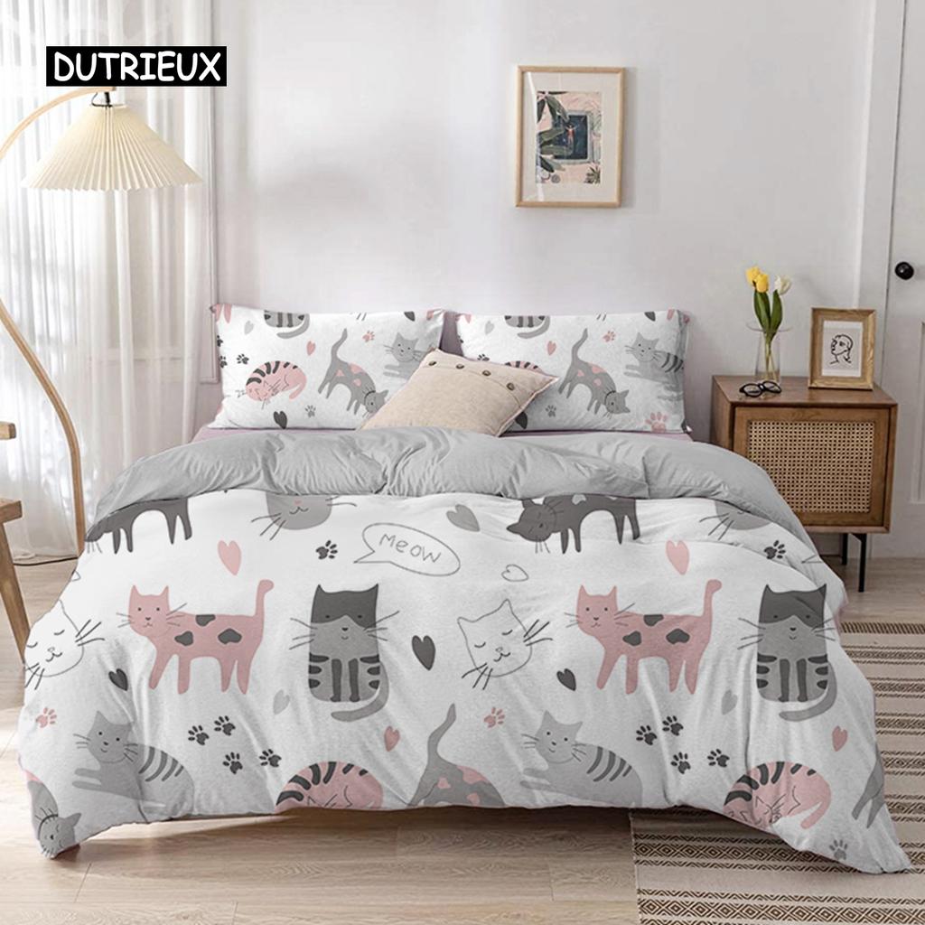 Sada povlečení na peřinu s kreslenou kočkou, sada ložního prádla s kresleným zvířecím potiskem a povlakem na polštář, 2/3dílná přikrývka do ložnice