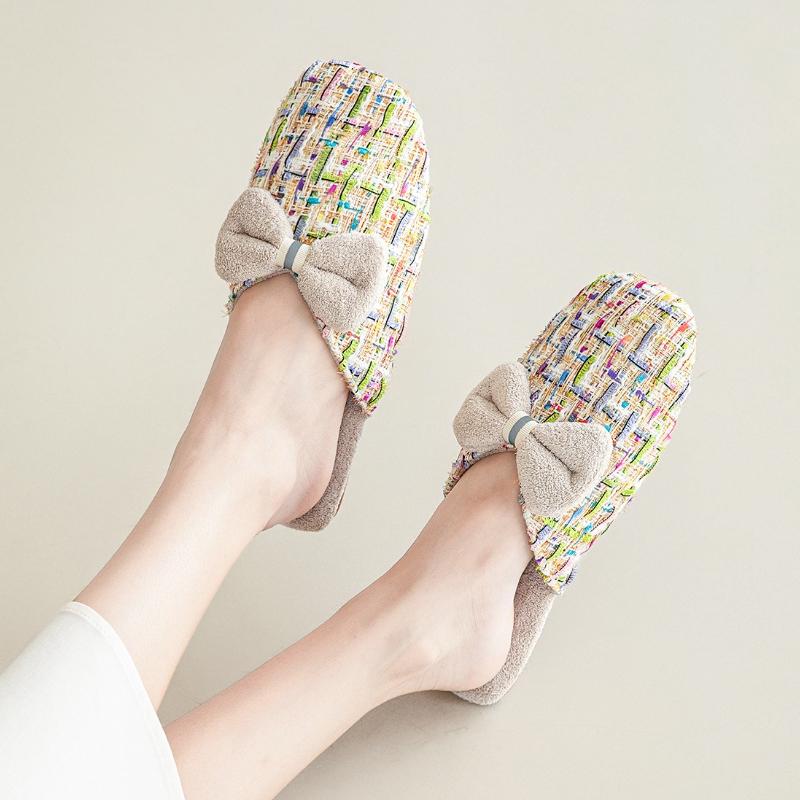 Fashion Luxury Fluffy Cotton Slippers Women Sweet Bow Decoration Brand Designer Shoes Comfortable Lightweight Soft Bottom Home Slippers