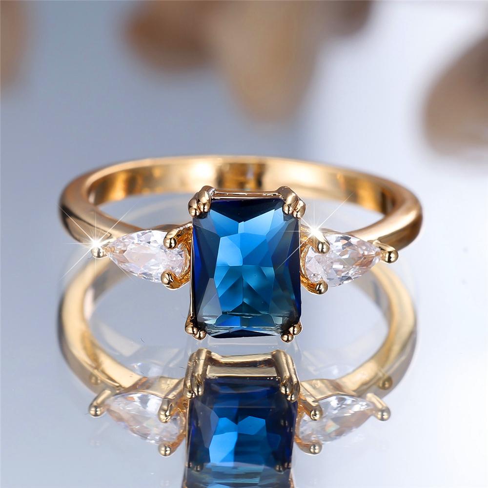 Trendy Blue Zircon Crystal Squarel Stone Vintage Gold Color Wedding Bands Engagement Rings For Wome
