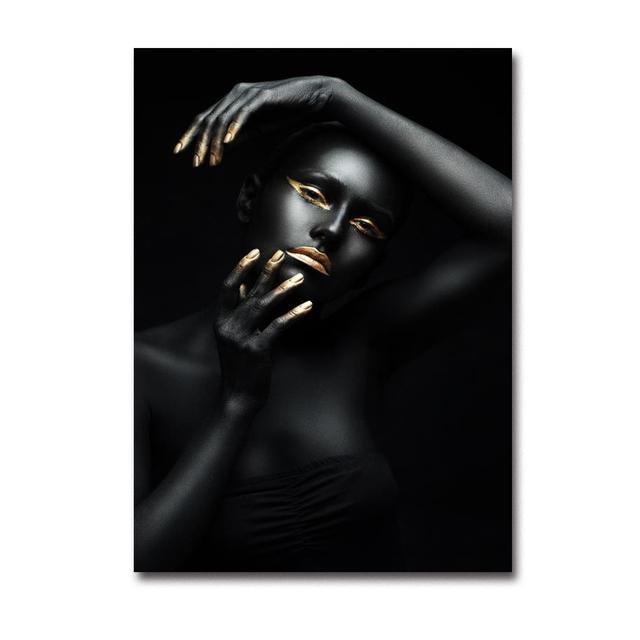 Modern Home Furnishing Black Skin Women Gold Makeup Shape Oil Painting Wall Art Poster Print Bedroom Living Room