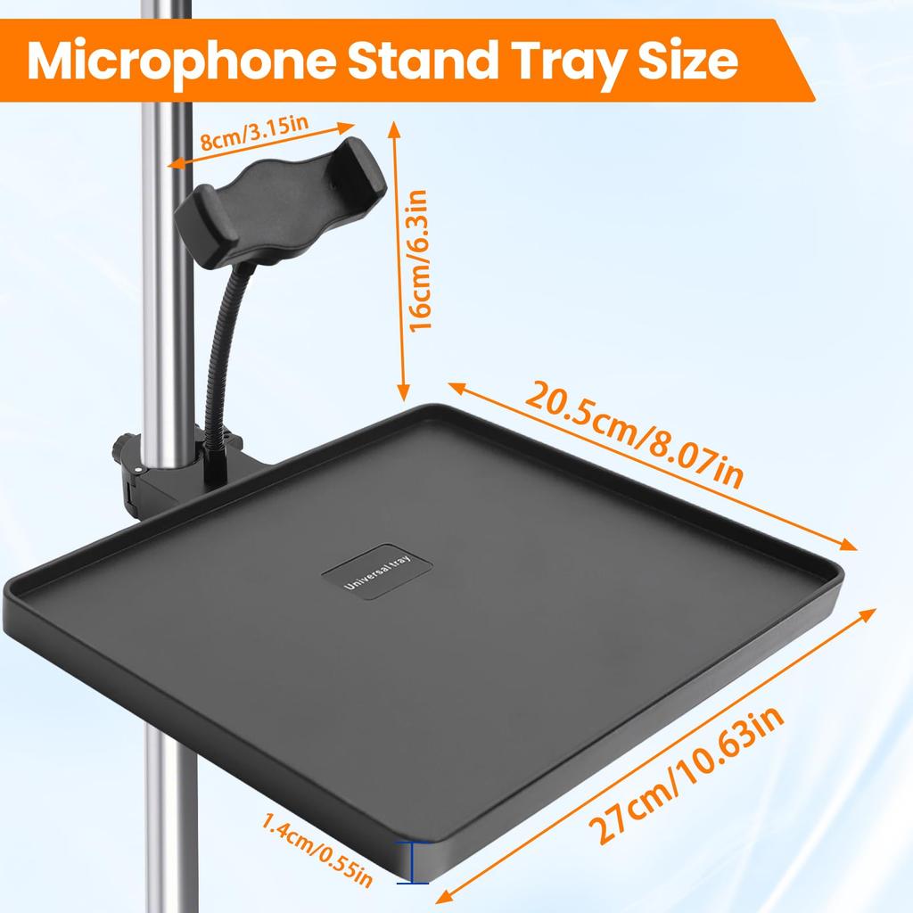 Microphone Stand Tray Adjustable Clip Microphone Stand with Cell Phone Stand Heavy Duty Stand Tray Suitable for Live Karaoke Sheet Podcast Recording