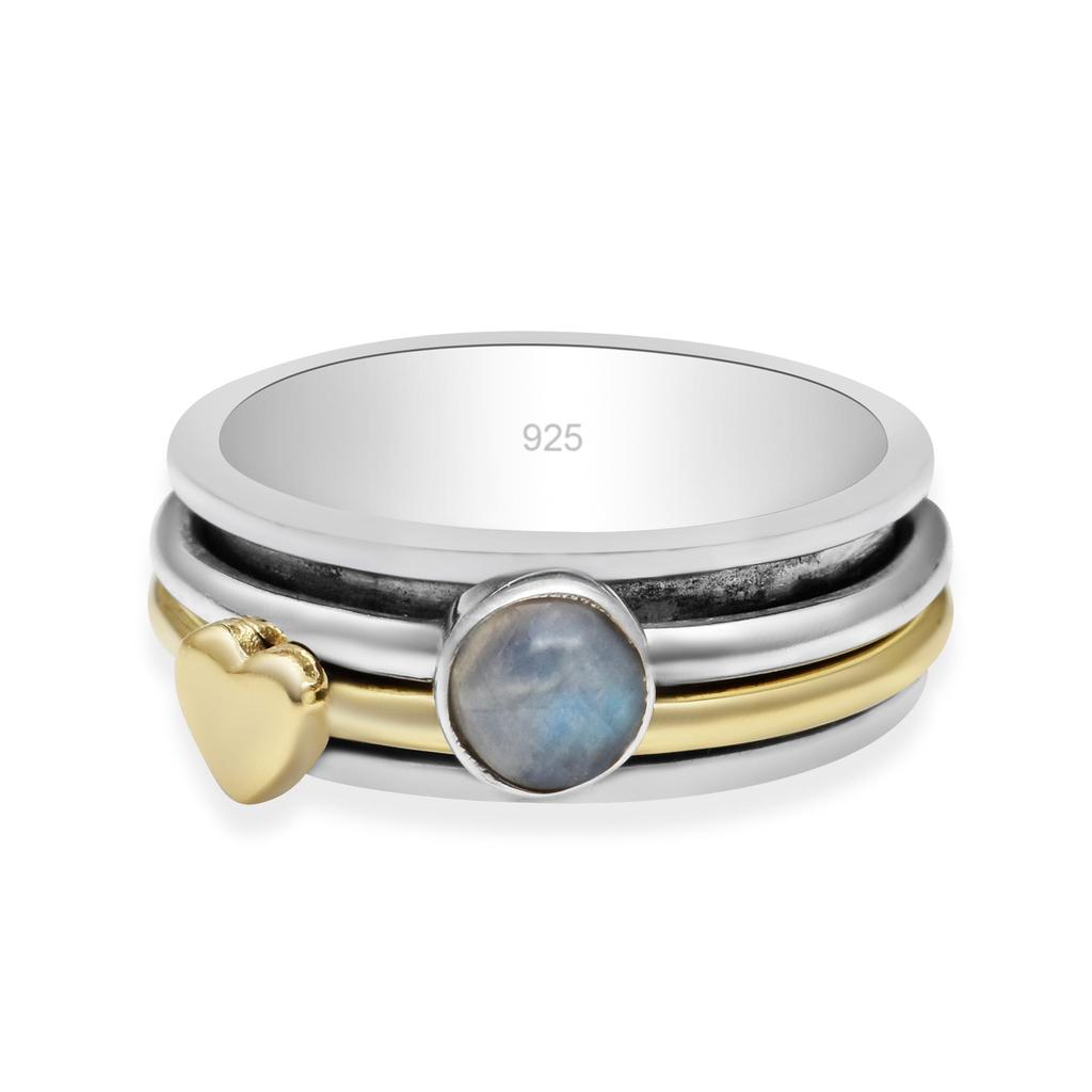 Regenbogen-Mondstein aus 925er Sterlingsilber mit Messingherzen und Zappelbändern, versprechender Spinning-Band-Ring für Frauen und Mädchen