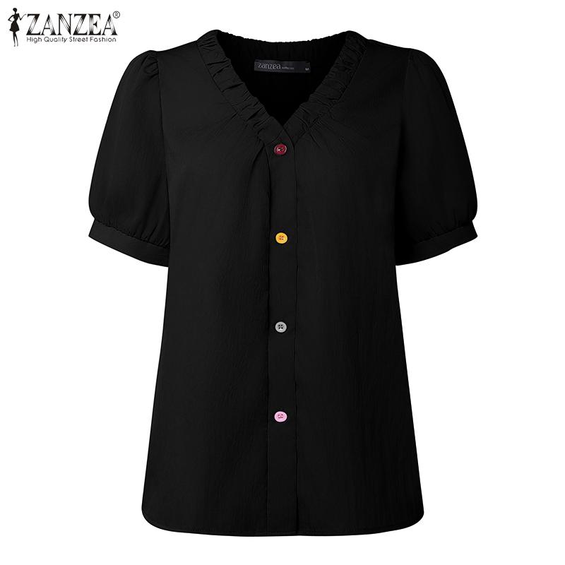 

ZANZEA Women V Neck Puff Sleeve Ruffled Solid Buttons Up Casual Blouse S
