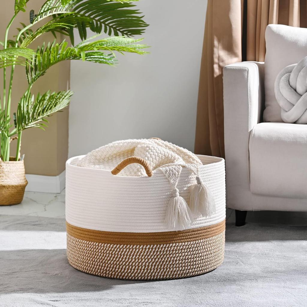 Large Blanket Basket,Woven Baskets for Storage Baby Laundry Hamper, Cotton Rope Blanket Basket for Living Room, Laundry
