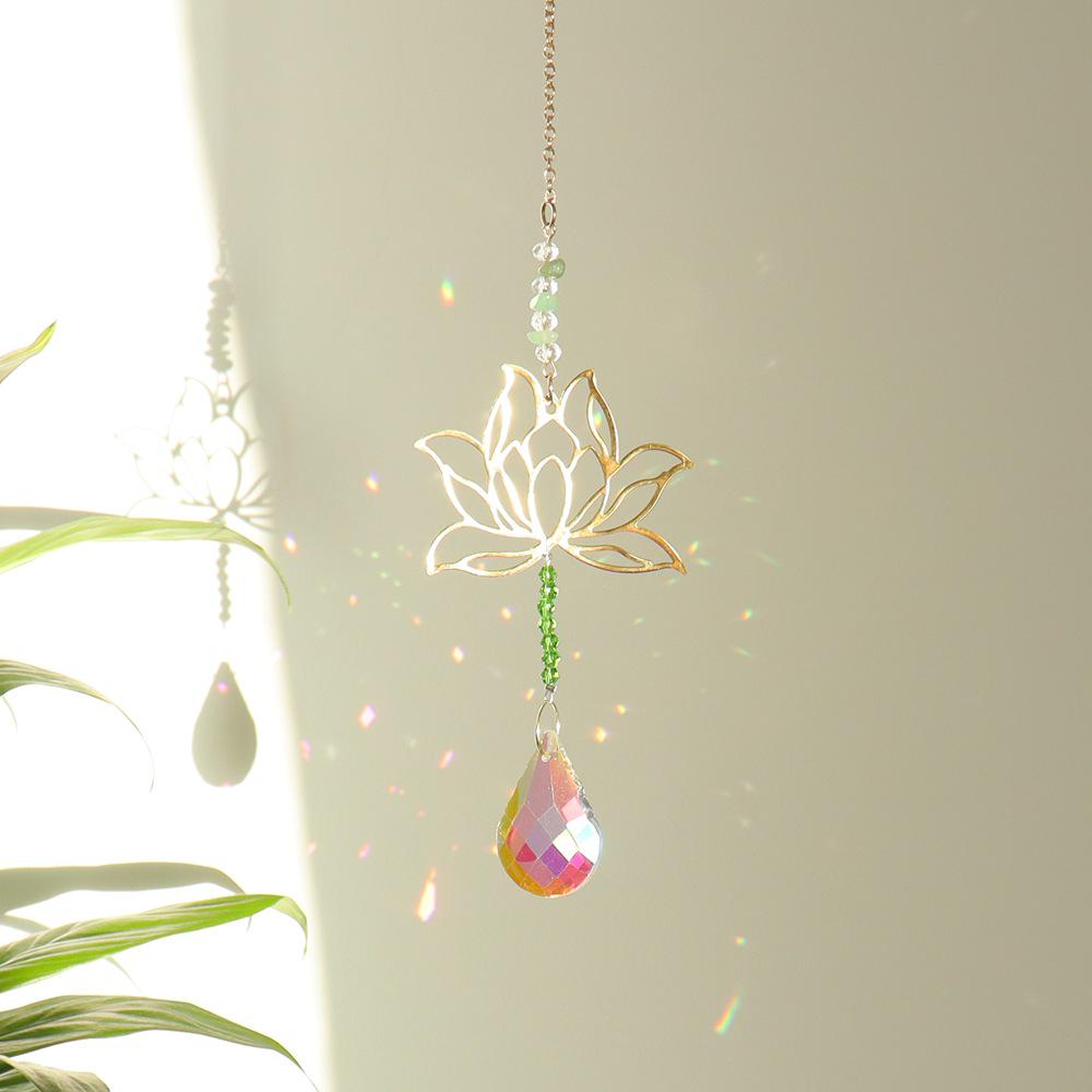 Хрустальный Подвеска-Ловец Солнца  Золотой Лотос  - Цветной DIY Садовый Орнамент T113 Ручная Работа