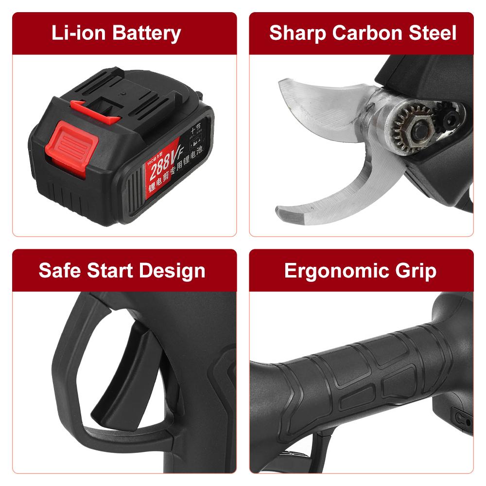 288V 30mm Electric Cordless Rechargeable Pruning Shears Secateur Fruit Tree Branch Cutter Garden Tools 22800mah Li-ion Battery Balck