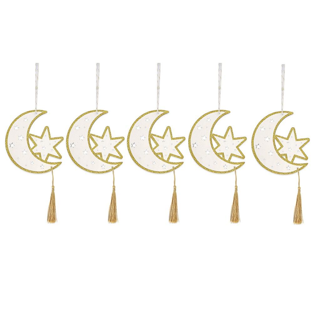 5Pcs Hollow Wooden Hanging Signs Creative Eid Moon Ornament Eid Door Sign  Middle East Moon Festival