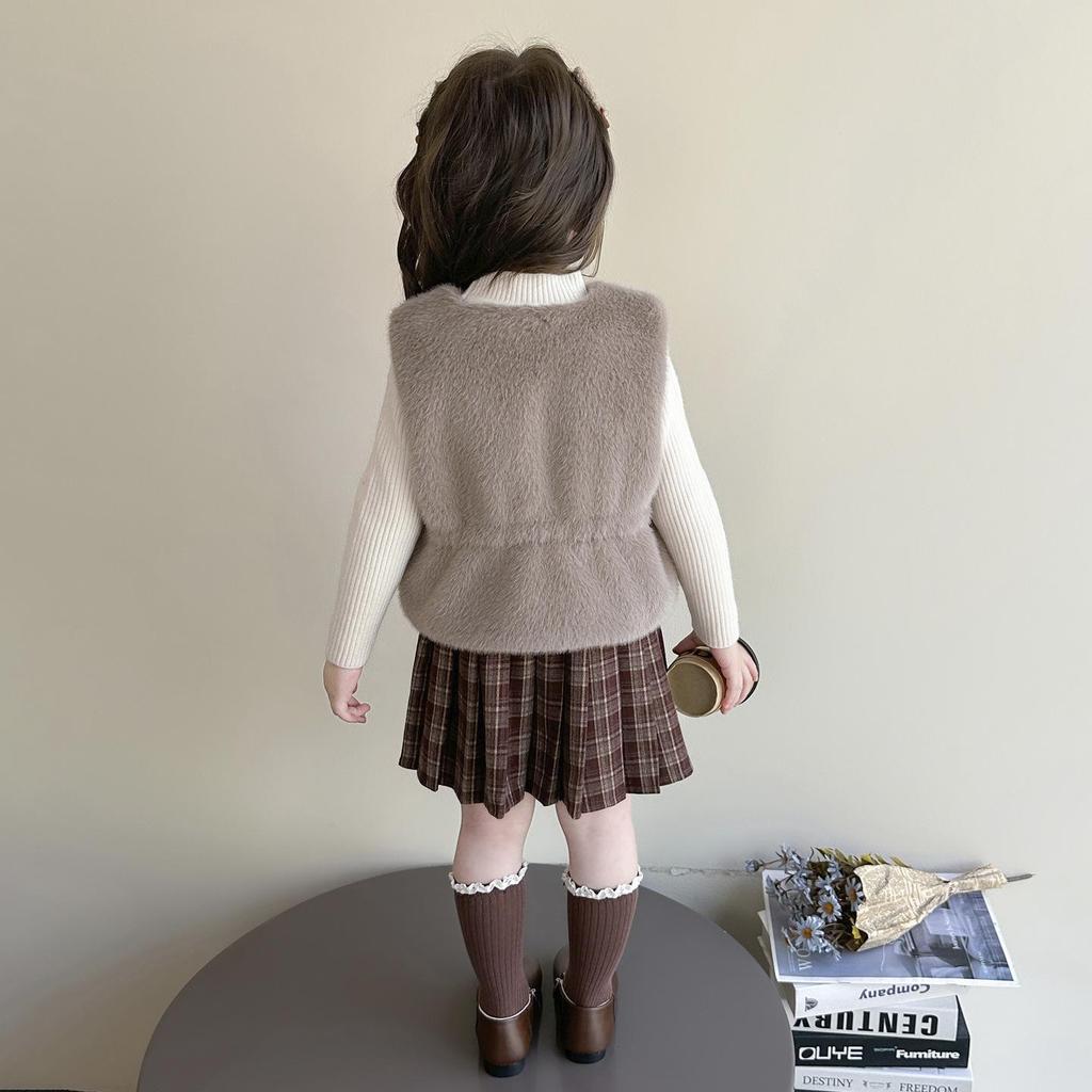 Mädchen Modische 2025 Herbst/Winter Pelzweste & Strickpullover mit Plisseerock Set