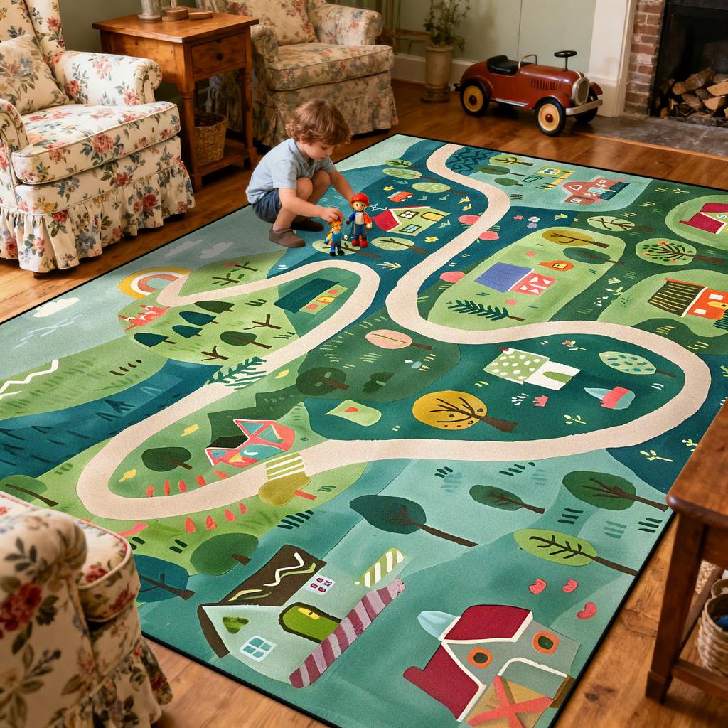 Children Amusement Park Living Room Carpet Thickened Short Velvet Cartoon Road Large Rugs Decor Bedroom Baby Crawling Mat Floor