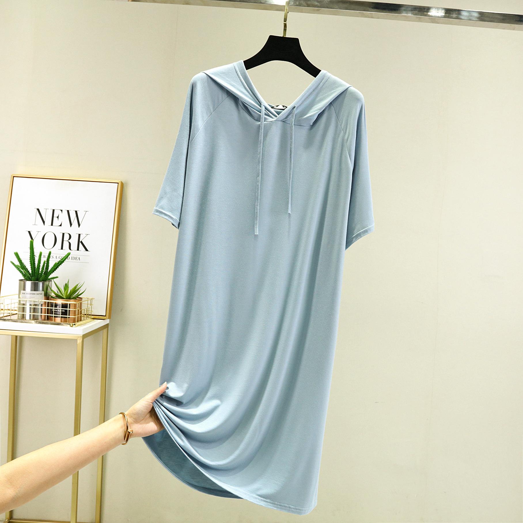 

Весна-лето женское платье с капюшоном с короткими рукавами модал повседневное свободное длинное платье однотонная женская одежда уличная одежда XXL светло-синий