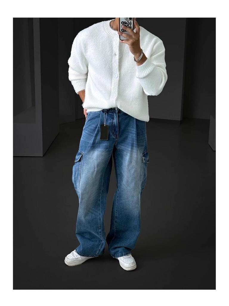 Cardigan Tricot Blanc Doux et Moelleux pour Homme - Style Coréen, Confortable et Chaud, Col Rond, Coupe Ample