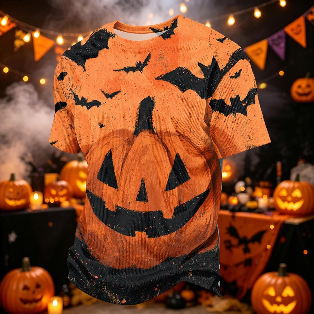 Men's Casual Corduroy Short Sleeve Lightweight Breathable Round Neck Shirt Halloween Print Design Suitable for Everyday Wear