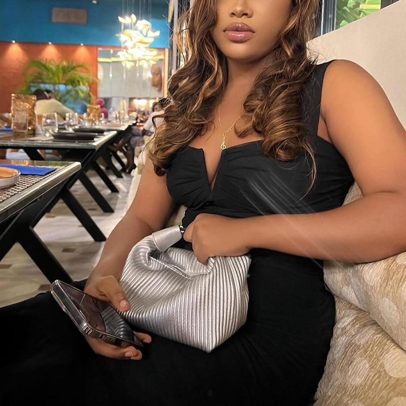 Women's Tight Strap Dress Solid Color Sleeveless Patchwork Mesh Pullover Pleated Backless Street Fishtail Dress