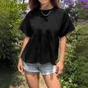 Camicette e camicie con scollo a maniche corte, stampa tinta unita, moda casual da donna