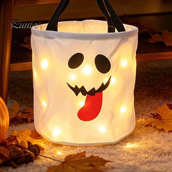 Outdoor Night Safety Props LED Light Up Halloween Bucket, Glow In The Dark Trick or Treat Candy Collapsible Decorative Pails Bag with Handle, Reusable