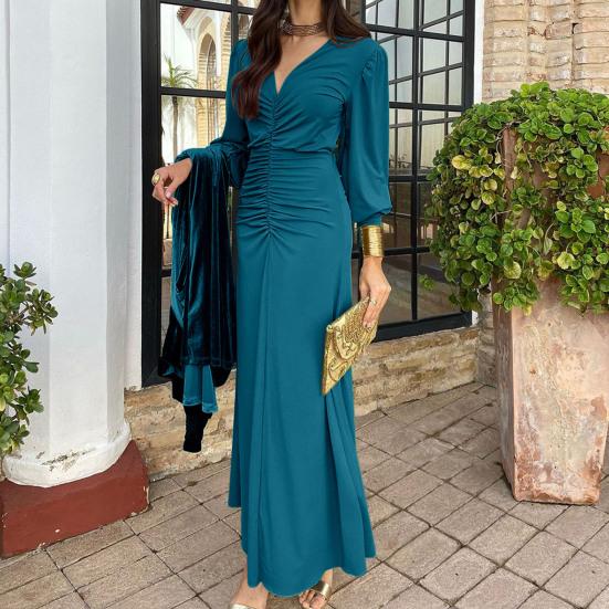 Women's Ruched Bodycon Evening Dress Casual Long Sleeve V Neck Prom Dress Cocktail Party Formal Maxi Mermaid Dress