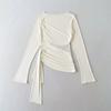 Women's One Shoulder Asymmetric Long Sleeve T Shirt Lace Side Sheer Irregular Hem Casual Blouse