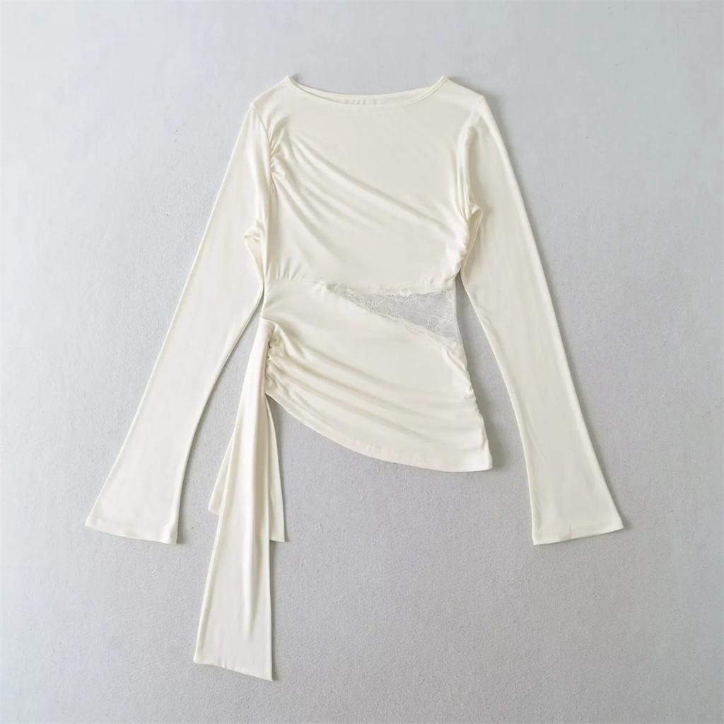 Women's One Shoulder Asymmetric Long Sleeve T Shirt Lace Side Sheer Irregular Hem Casual Blouse