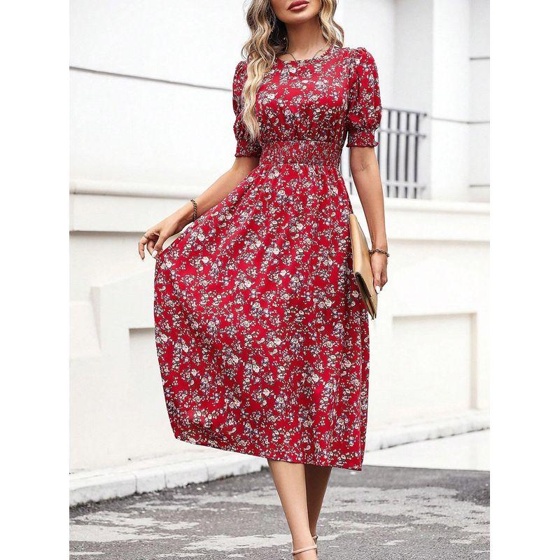 Sweet Summer New Arrival European Fashion Round Neck Small Floral Elastic Waist Tight Waist Puff Short Sleeve Mid Length Long Length Dress