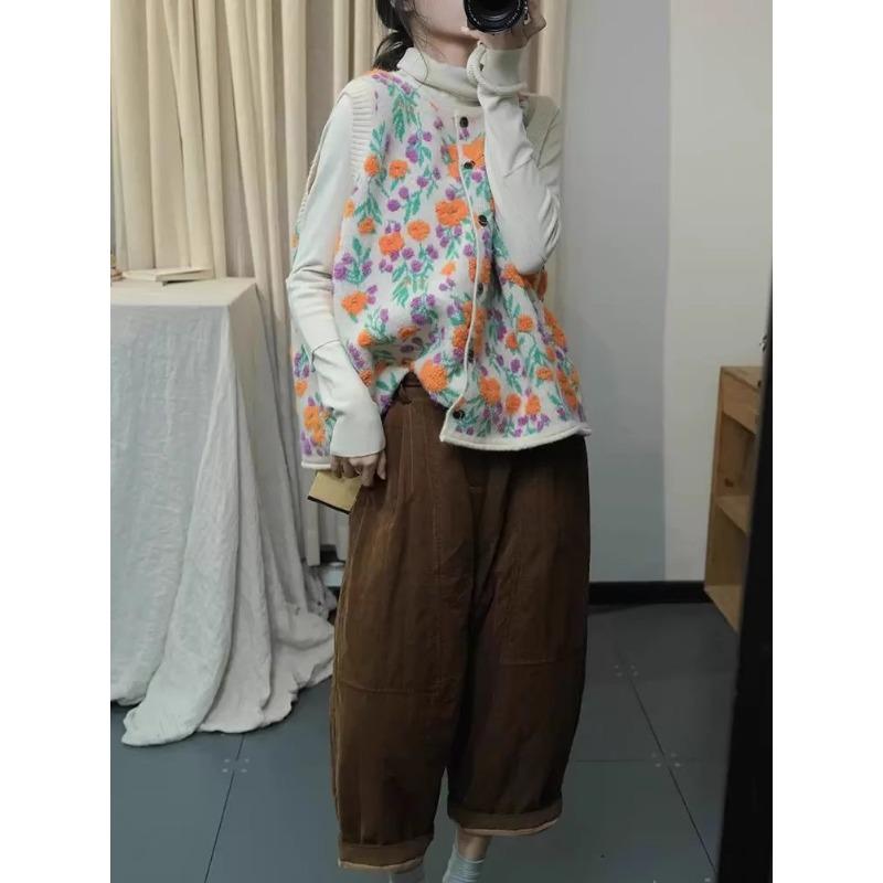 DIMANAF 2025 Automne Femmes Sans Manches Boutons Gilet Pulls Style Impression Tricot Décontracté Ample Pull