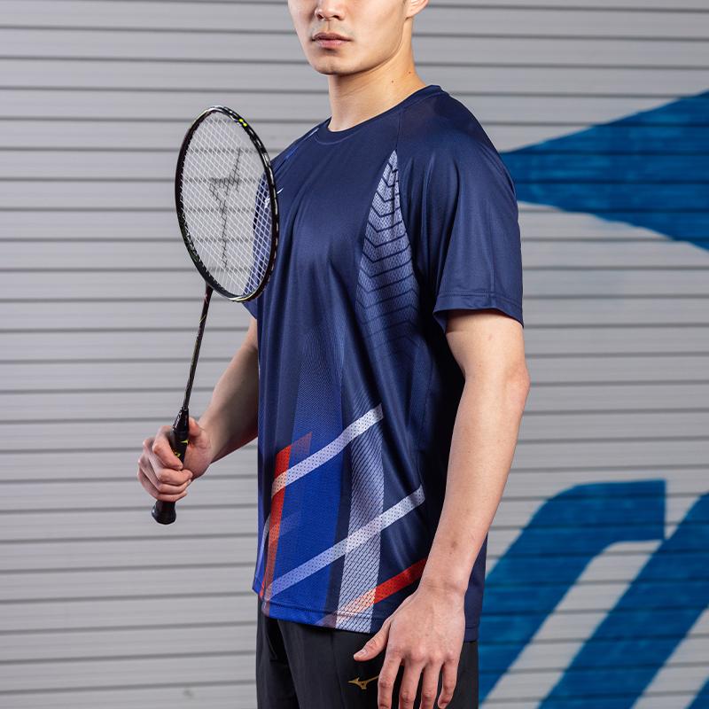 Mizuno Letter Geometric Pattern Casual Round Neck Pullover Short Sleeve Badminton Shirt Unisex shirts Dark-Blue 72CA36Z128