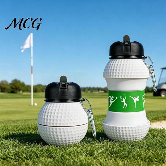 Reusable Hiking Bottle Spherical Collapsible Silicone Cup, Golf Ball Shaped Water Foldable Travel Cup with Push Design Flip Lid & Metal Carabiner,
