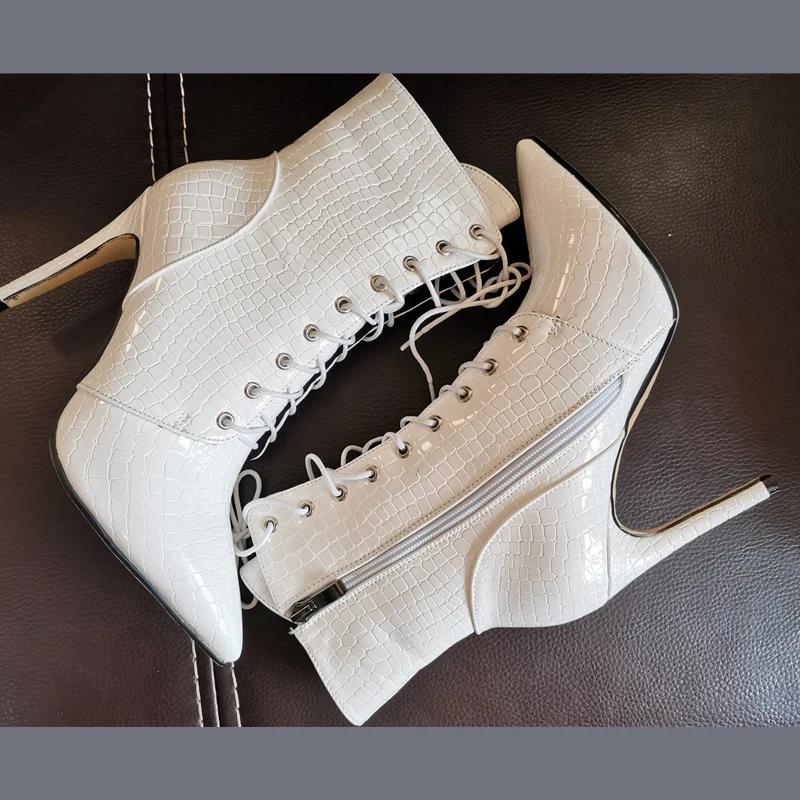 Sexy Ankle Cowboy Boots For Women Dance Shoes Fashion Snake Red White Black High Heels Lace Up Short Boot Autumn Large Size