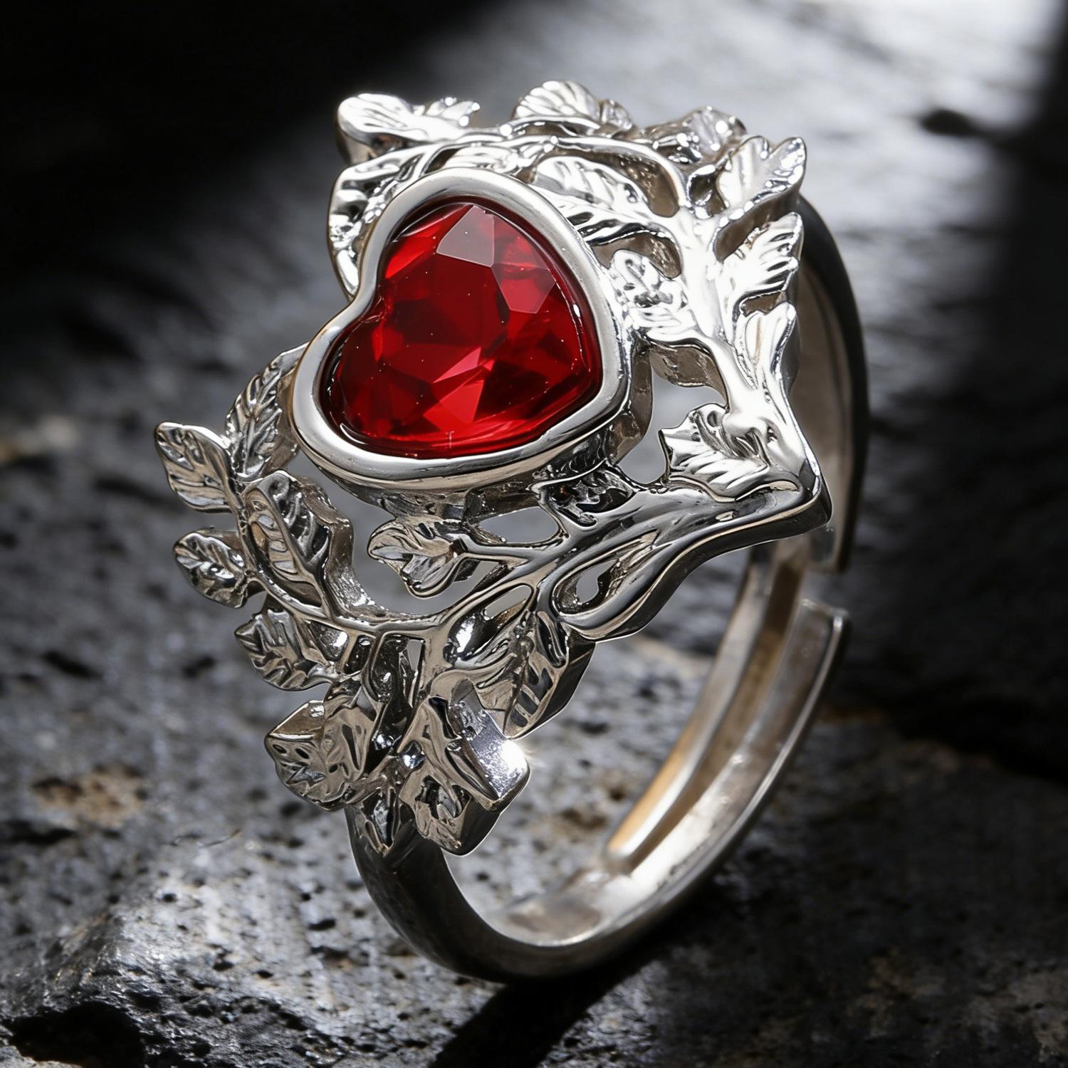 

Retro Court Hollow Leaf Red Heart Open Ring Minimalist Luxury Elegant Women Jewelry 2
