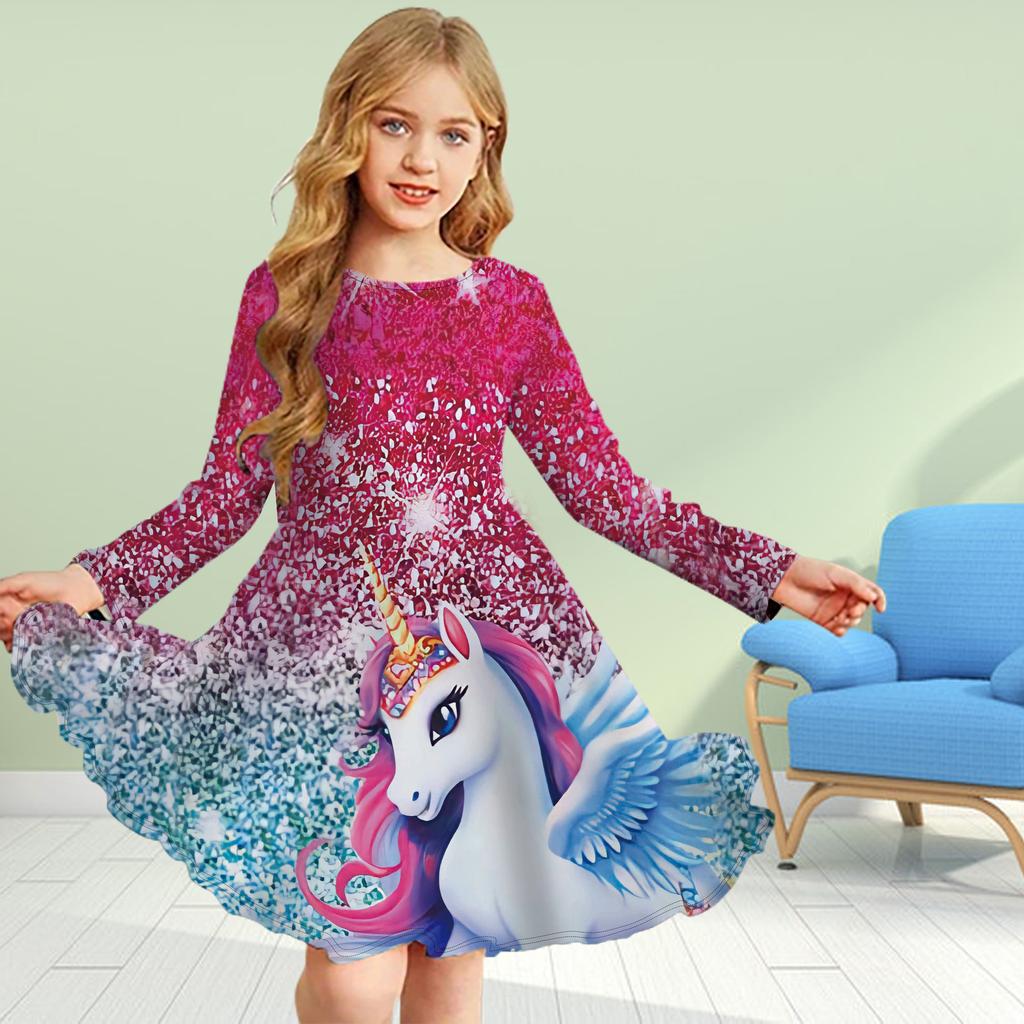 Girl Casual 3D Print Orange Unicorn Round Neck Long Sleeve Dress Kid Princess Dress