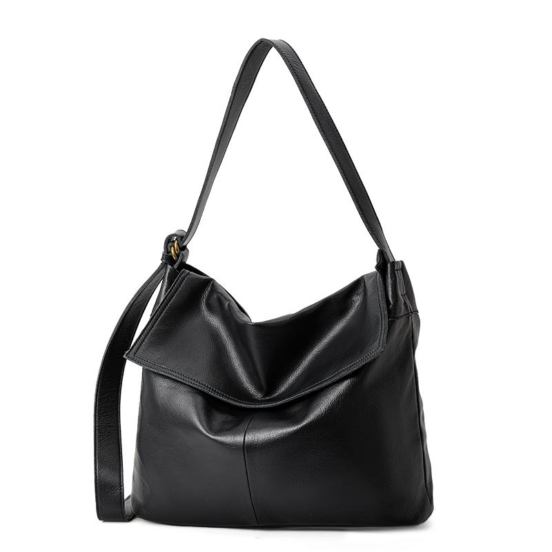 Genuine cowhide leather women's handbag, large capacity soft leather tote, casual single-shoulder slouchy style big bag