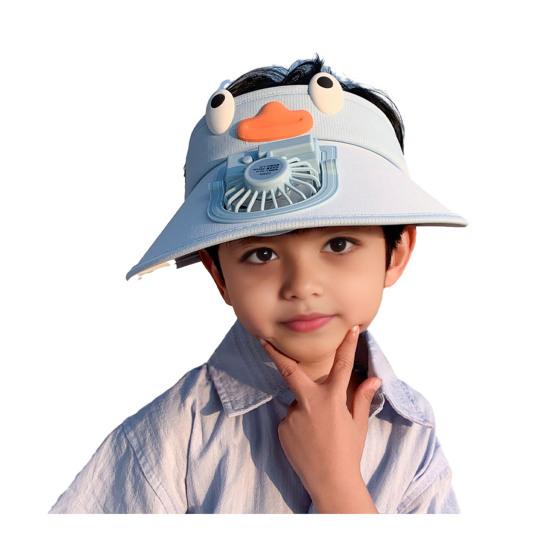 Kids Hat with Built-in Fan Cartoon Shape Oversized Brim UV-Resistant Sun Hat Cartoon Style Adjustable Wind Speed Hat