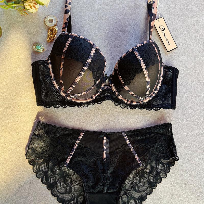 Europe Sexy Push Up Bra Set Women Lace Embroidery Lingerie Fashion Leopard Print Adjustable Strap Bra DE Cup Plus Size Underwear