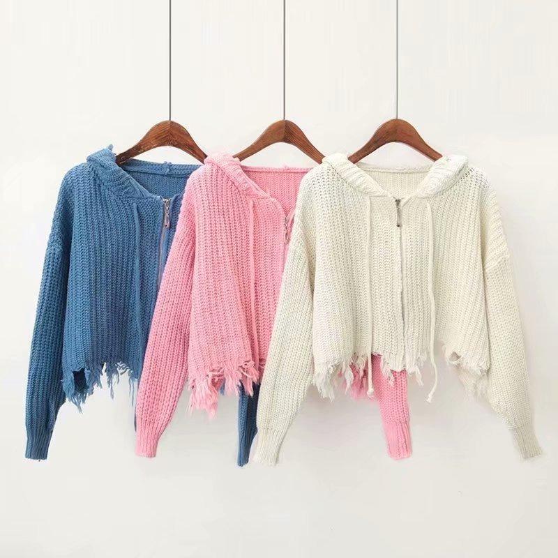Women S Solid Color Hooded Knit Cardigan Zip Sweater Coat Loose V Neck Autumn Winter
