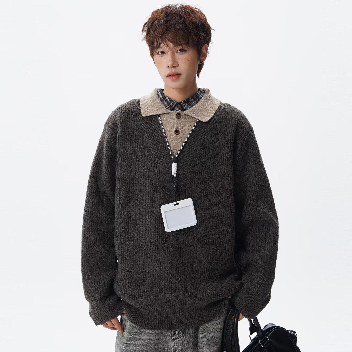 Retro Style Lapel Knit Sweater - Men s Loose Fit, Lazy Style Two-Piece Look 3XL