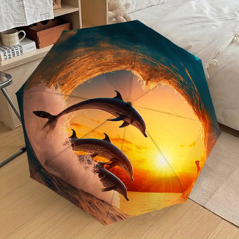 1pc Ocean Sunset Dolphins Wave Umbrella with Plastic Handle,Suitable for All Seasons Home Travel Outdoor UmbrellaDD345