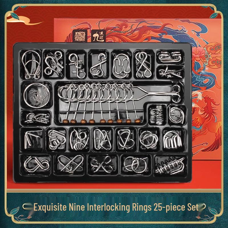 Nine Linked Rings Puzzle Toy Set: 25-Piece Stainless Steel Luban Locks for Primary School Children.