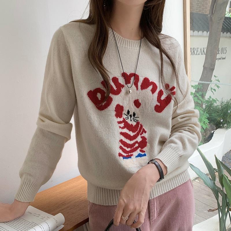 Women's Wool Round Neck Sweater with Cartoon Bunny Embroidery - Cute Style for Autumn/Winter