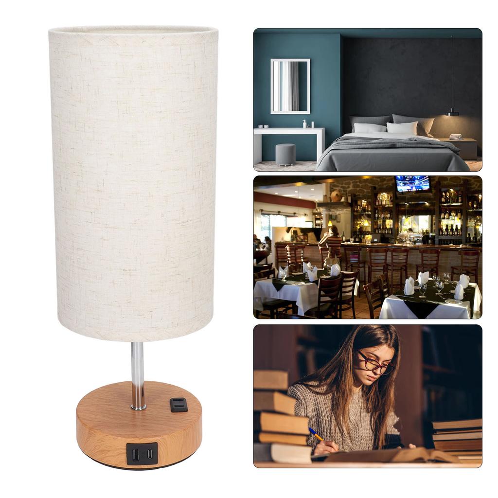 Touch Control Table Lamp Metal and Cloth USB Charging Three Gear LED Nightstand Lamp with Wood Grain Base for Bedroom  
