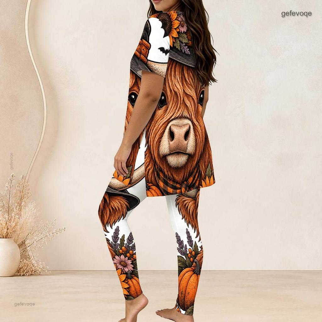 Women Plus Size White Halloween Printed Two Piece Set Round Neck Short Sleeve Longline Top And Long Pants