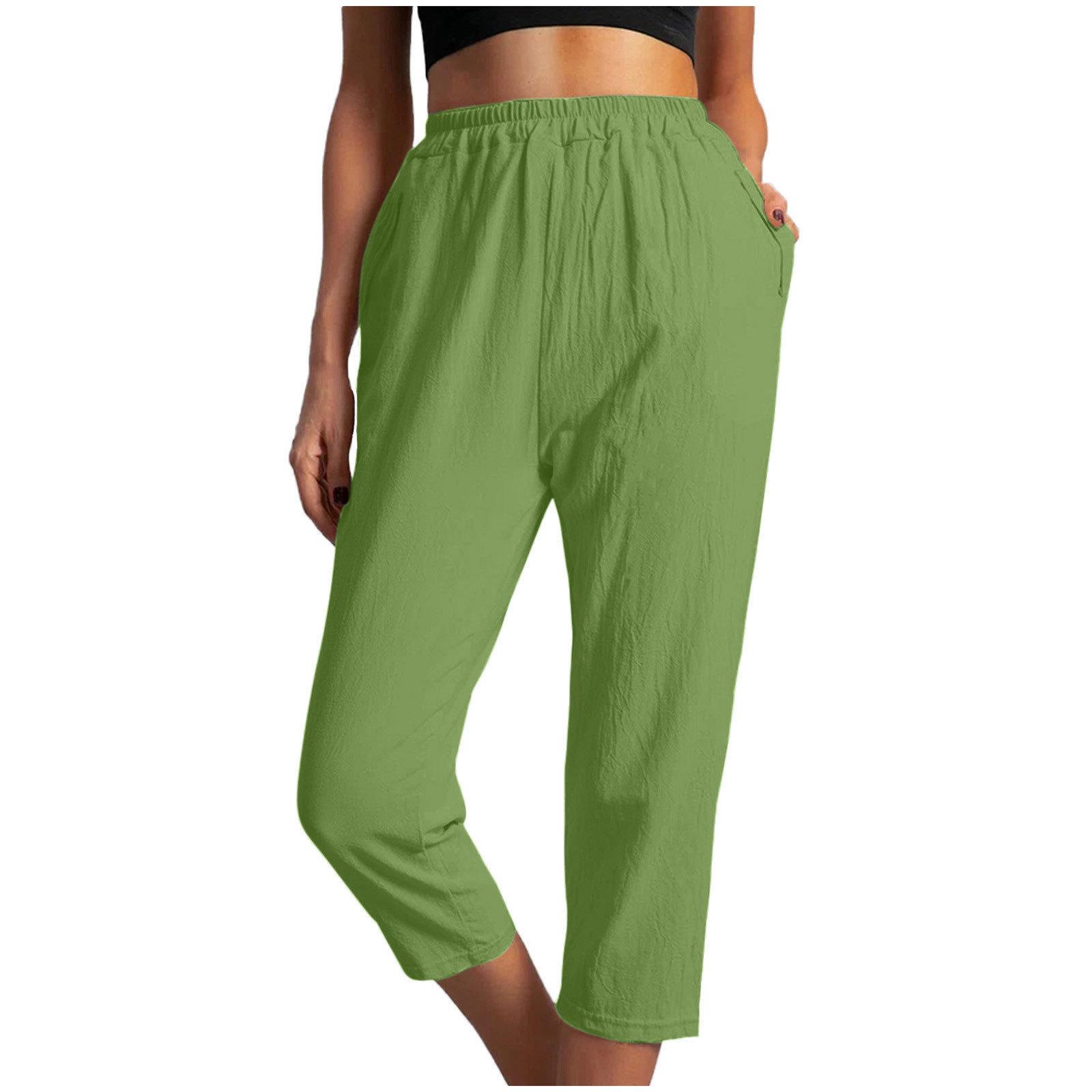 

2026 Trendy Women s Casual Three-Quarter Elastic Waist Pants S зелений