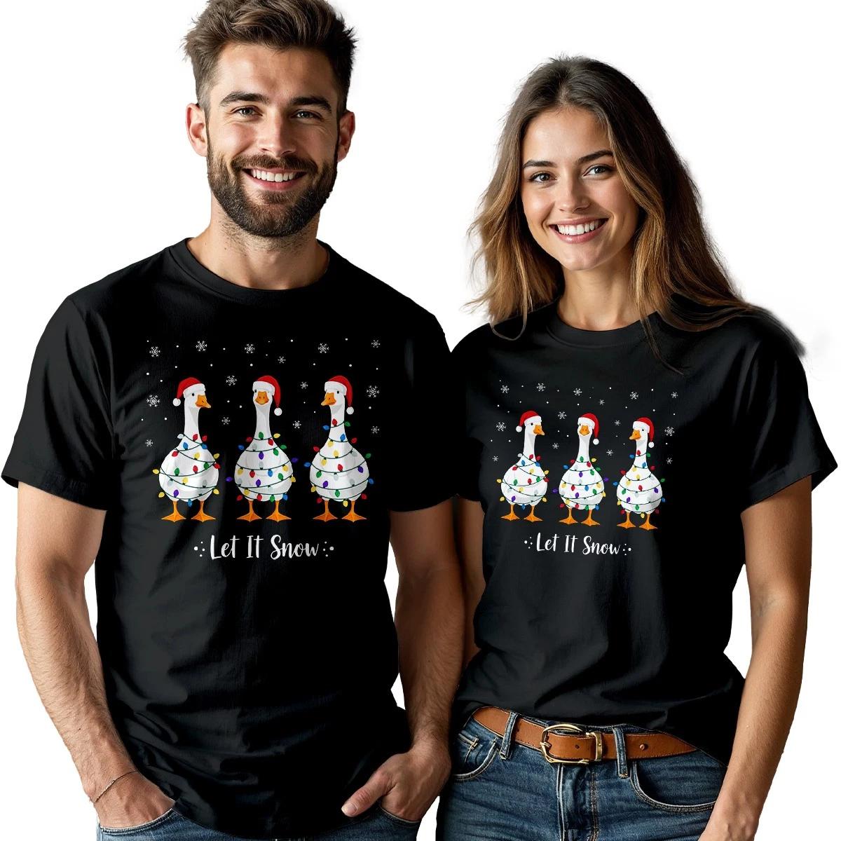 Let It Snow Christmas Holiday Couple T shirt Matching His And Hers Geese Tee S