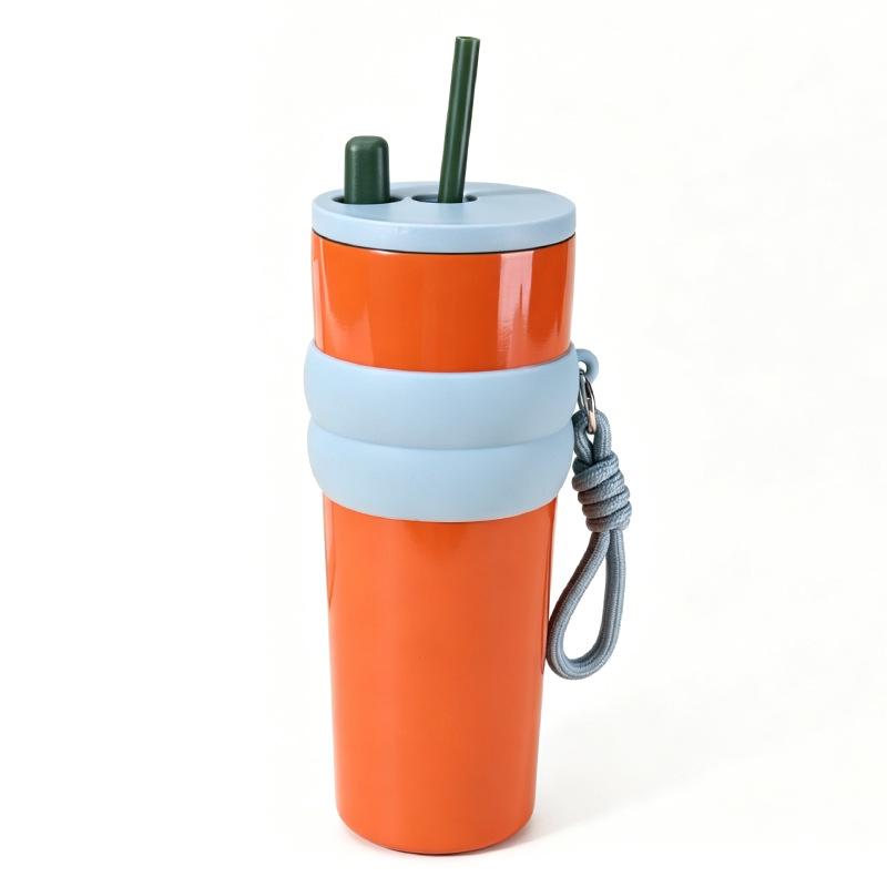 Stainless steel thermos cup gradual change with straw Aurora cup lifting rope Ceramic liner straw cup