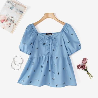Womens V-Neck Summer Casual Short Sleeve Print Blouse