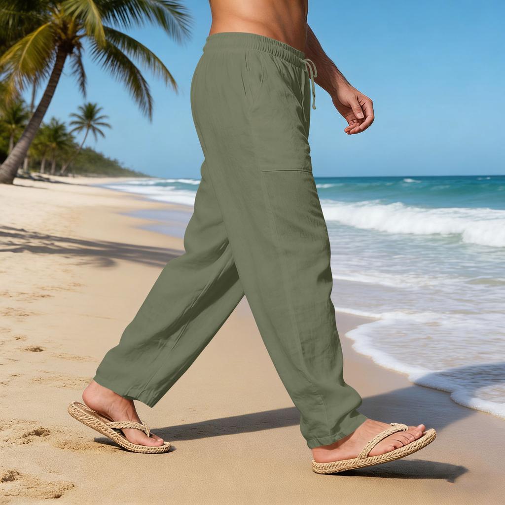 Men's Casual Loose-fitting Jogging Pants, Straight-leg Wide-leg Trousers, Drawstring Cotton And Linen Casual Pants.