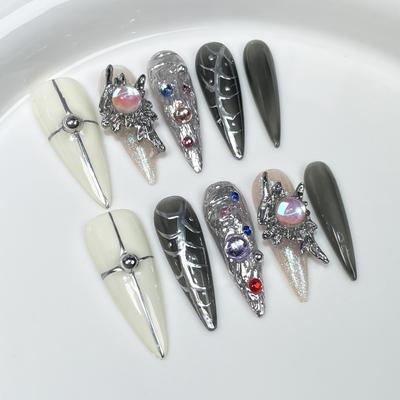 Handcrafted Wearable Nail Tips Long Stiletto Shape With Cross Embossed Design Glitter Chrome Effect Edgy Fashion Girls