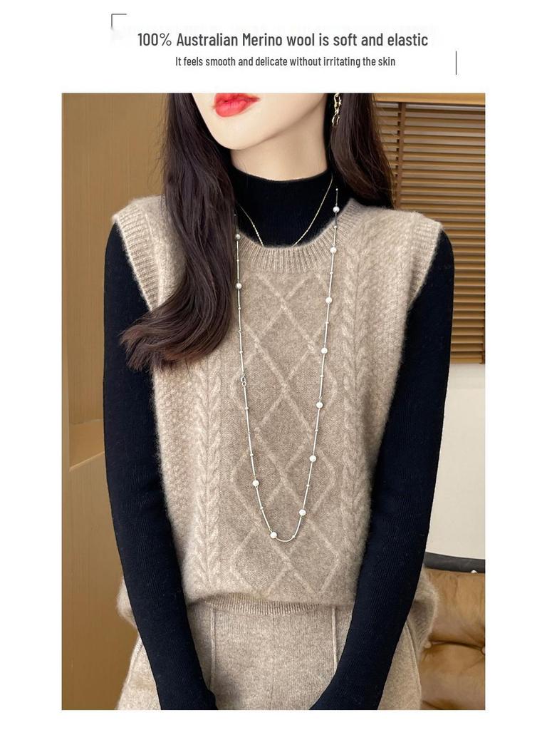 Women's Autumn Winter 100% Wool Knit Vest Sweater - Chic Sleeveless Layering Gilet